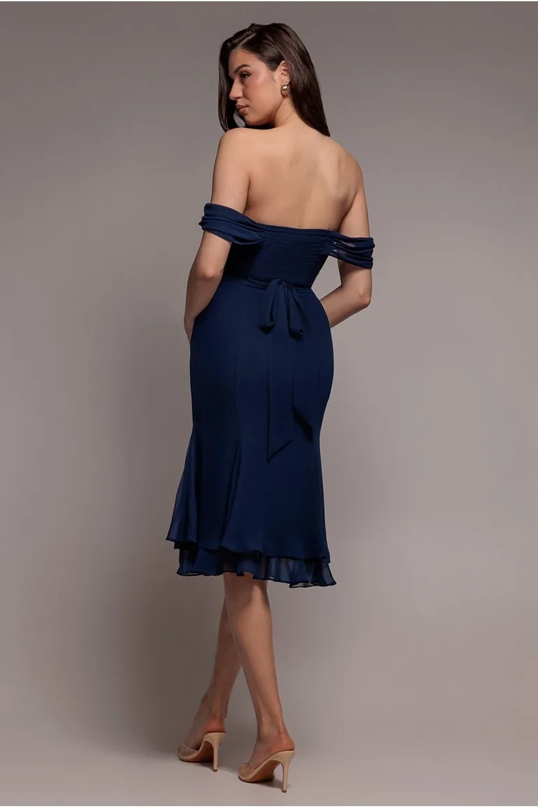 Chiffon Cowl Off Shoulder Wing Tiered Midi Dress - Navy Blue by Goddiva - 1
