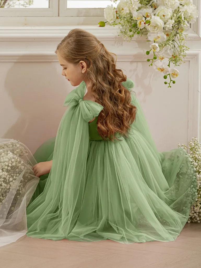 Girls Bow Sleeveless Cape Detail Mesh Dress - 4