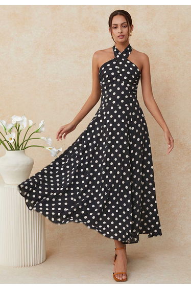 Crisscross Self-Tie Halter Neck Maxi Dress in Dots product thumbnail 2