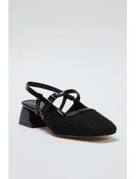 Black Tweed Block Heel Square Toe Mary Jane Classic Heeled Shoes - 3