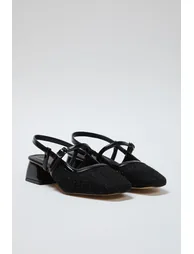 Black Tweed Block Heel Square Toe Mary Jane Classic Heeled Shoes - 2