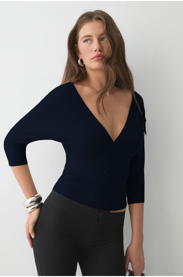 GRIMELANGE CALYRA Women's Stretch Fabric V-Neck Front Ruched and Long Sleeve Navy Blouse product thumbnail 4