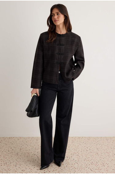 Brown Plaid Ornamental Closure Cashmere Jacket