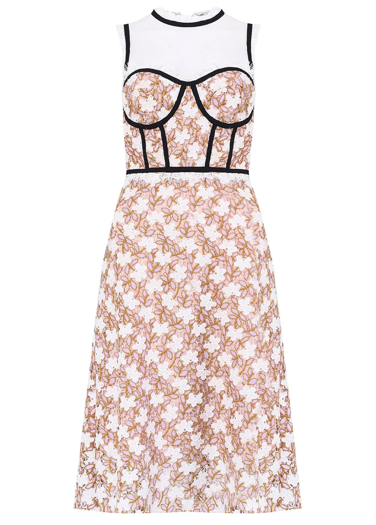 Lilac White Daisy Lace Corset Bodice Midi Dress - 2