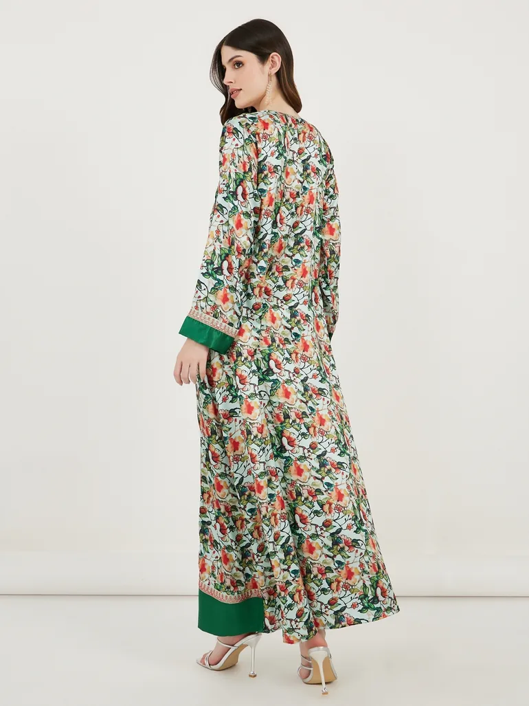 All Over Print Kaftan Dress with Threadwork - 4