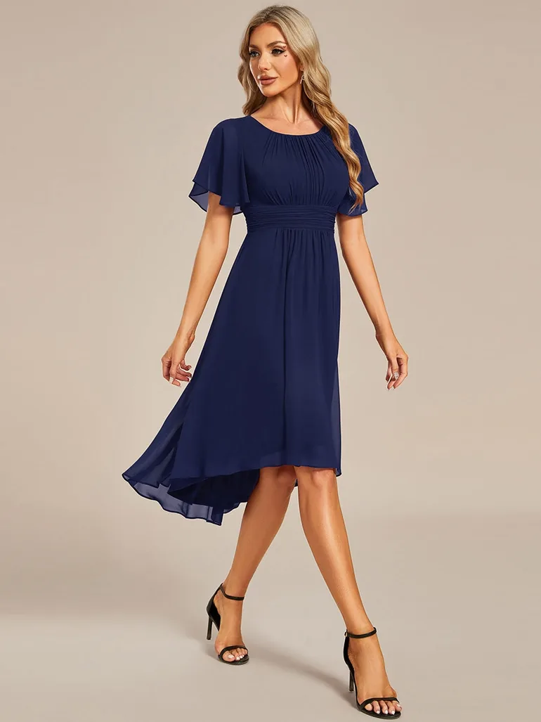 Short-Sleeve Ruffle Pleated Round-Neck A-Line High-Low Wedding Guest Dress - 3