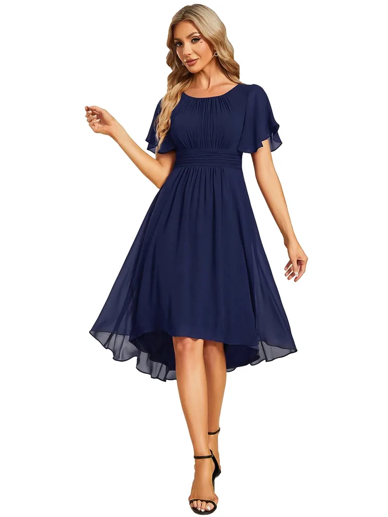 Short-Sleeve Ruffle Pleated Round-Neck A-Line High-Low Wedding Guest Dress - 1
