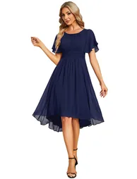 Short-Sleeve Ruffle Pleated Round-Neck A-Line High-Low Wedding Guest Dress - 1