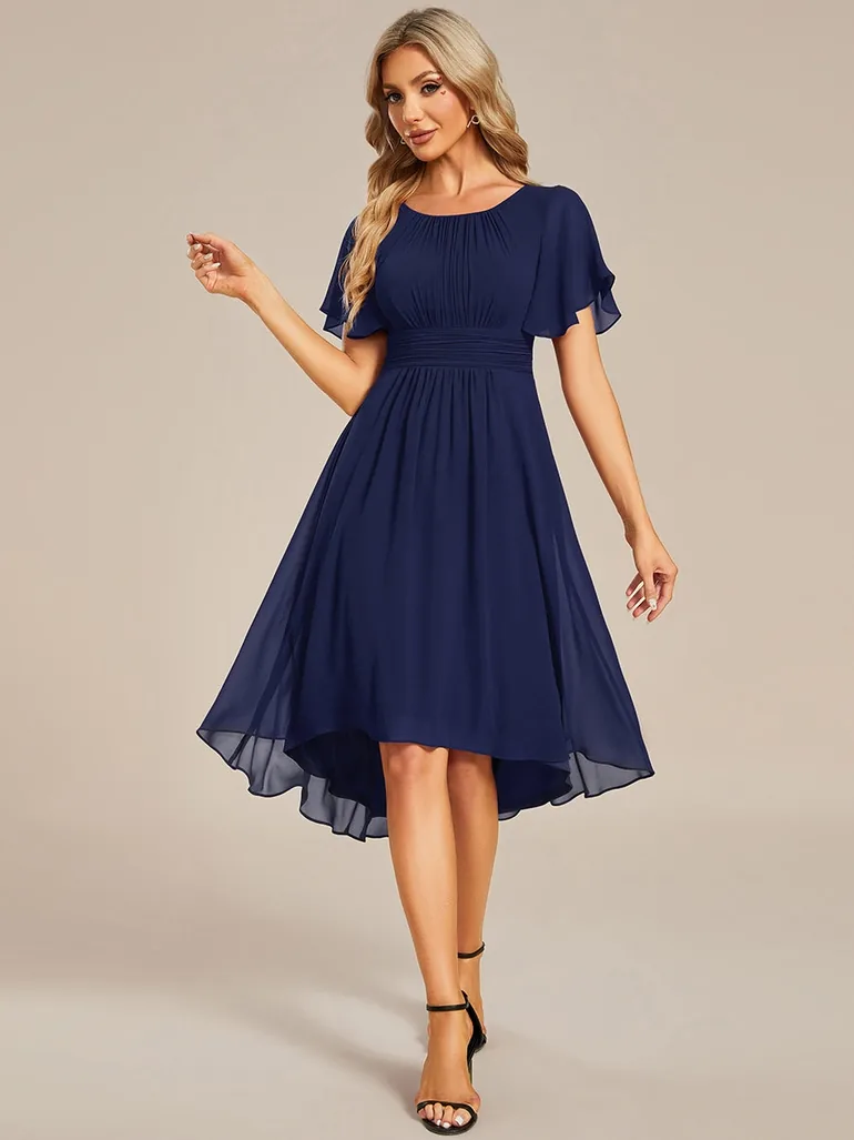 Short-Sleeve Ruffle Pleated Round-Neck A-Line High-Low Wedding Guest Dress