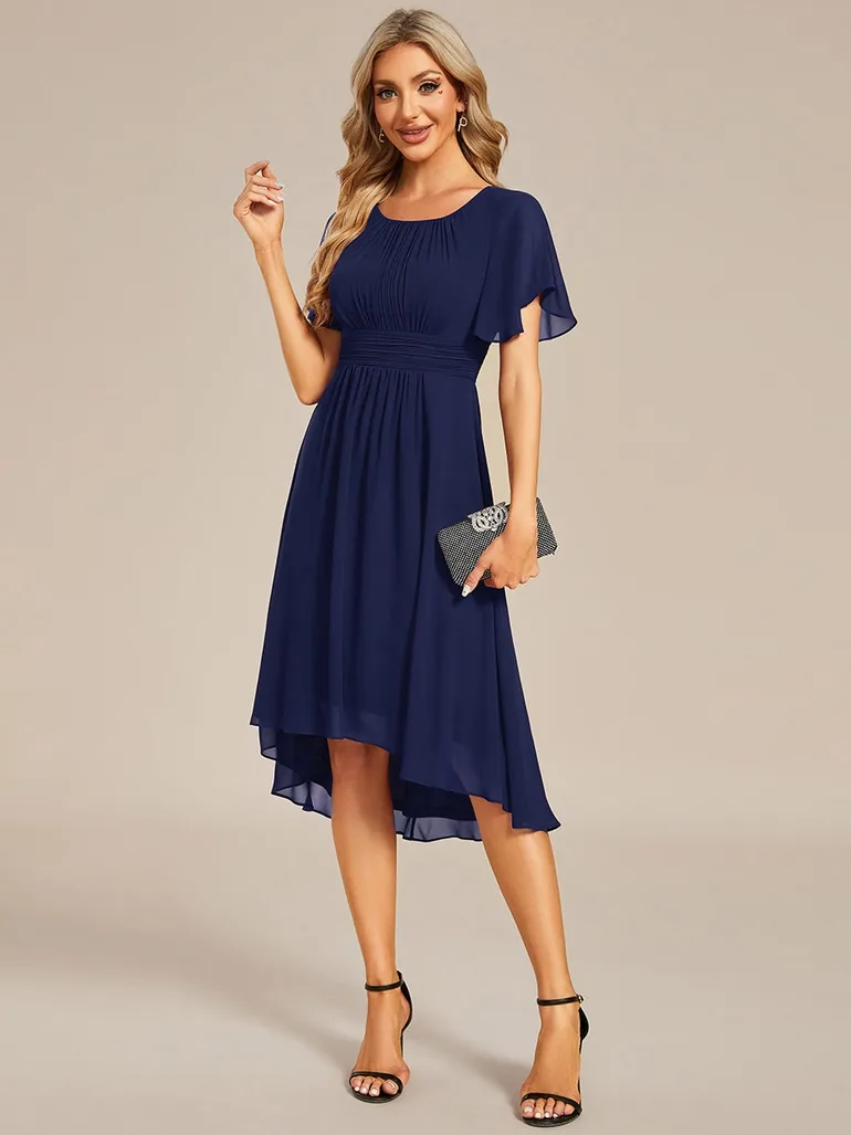 Short-Sleeve Ruffle Pleated Round-Neck A-Line High-Low Wedding Guest Dress - 4