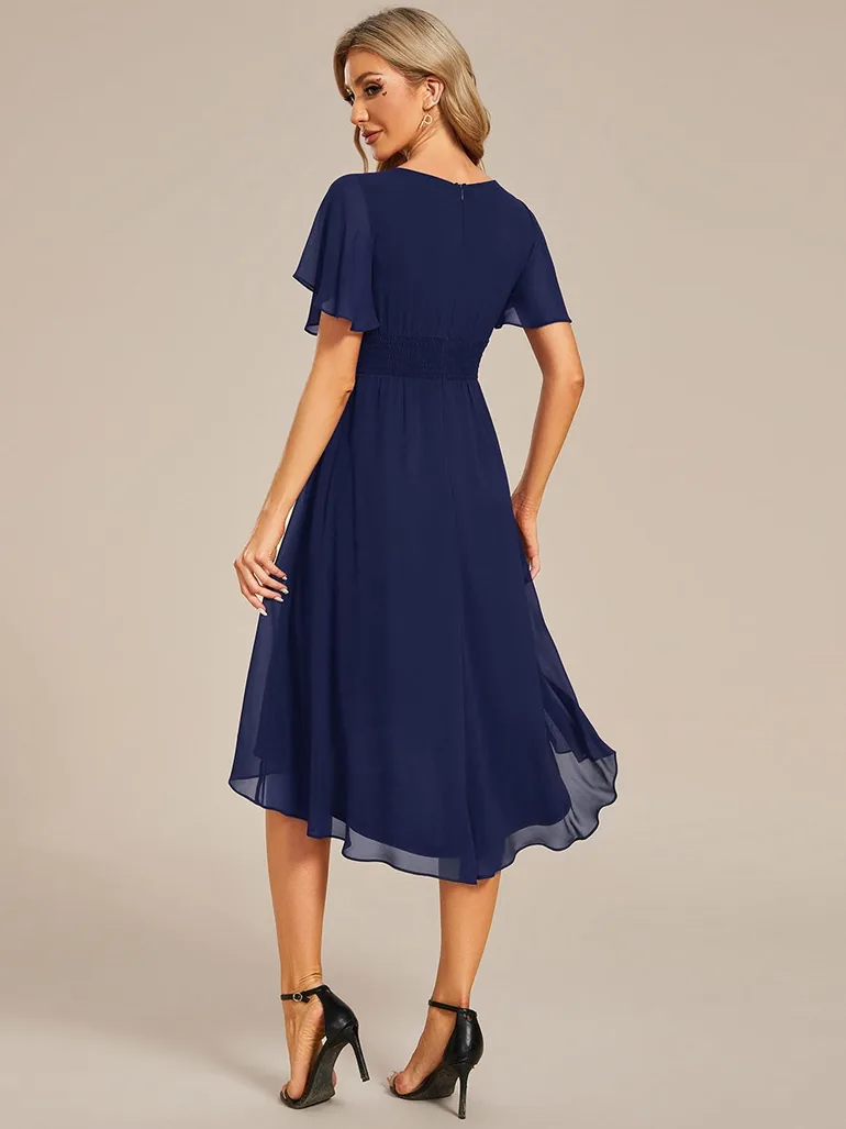 Short-Sleeve Ruffle Pleated Round-Neck A-Line High-Low Wedding Guest Dress - 2