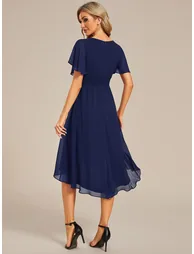 Short-Sleeve Ruffle Pleated Round-Neck A-Line High-Low Wedding Guest Dress - 2