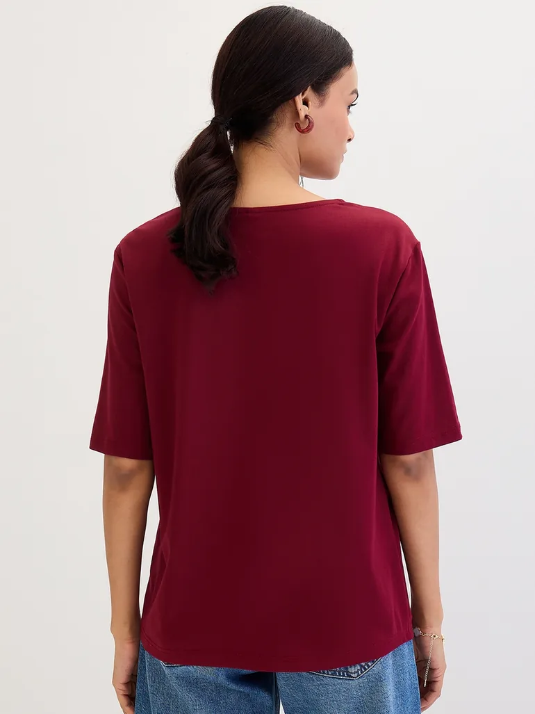 Maroon V Neck Basic T-Shirt - 2