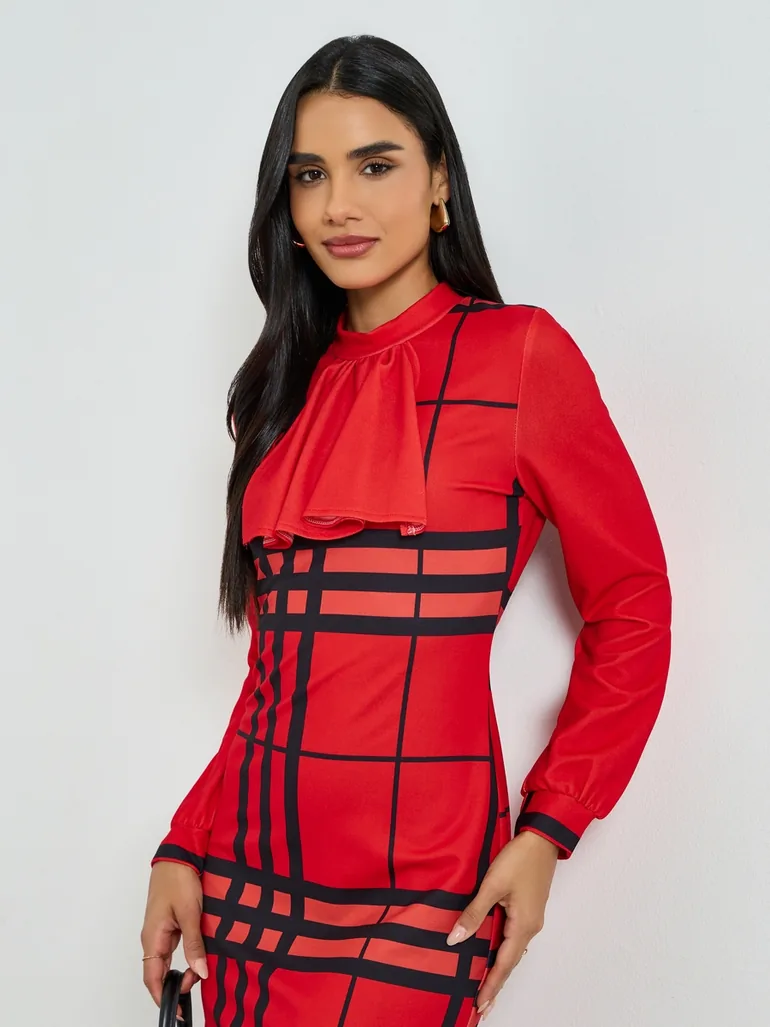 Red Checked Long Sleeve Bodycon Midi Dress - 1