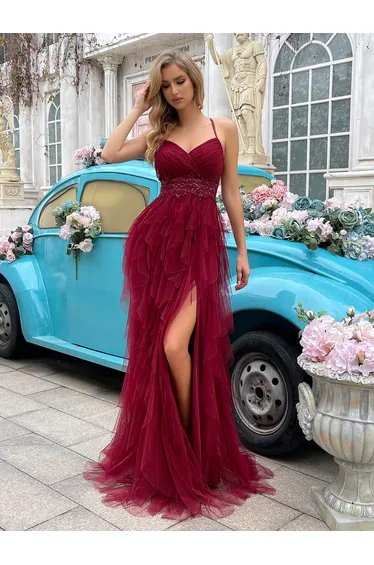 QOQ Goddess Temperament Burgundy Multi Layers Mesh Sling Ruffle Graduation Dresses