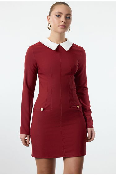 Burgundy Collar Detailed Woven Dress product thumbnail 3
