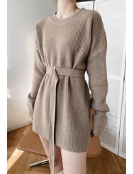 Belted Ribbed Longline Sweater in Tan - 3