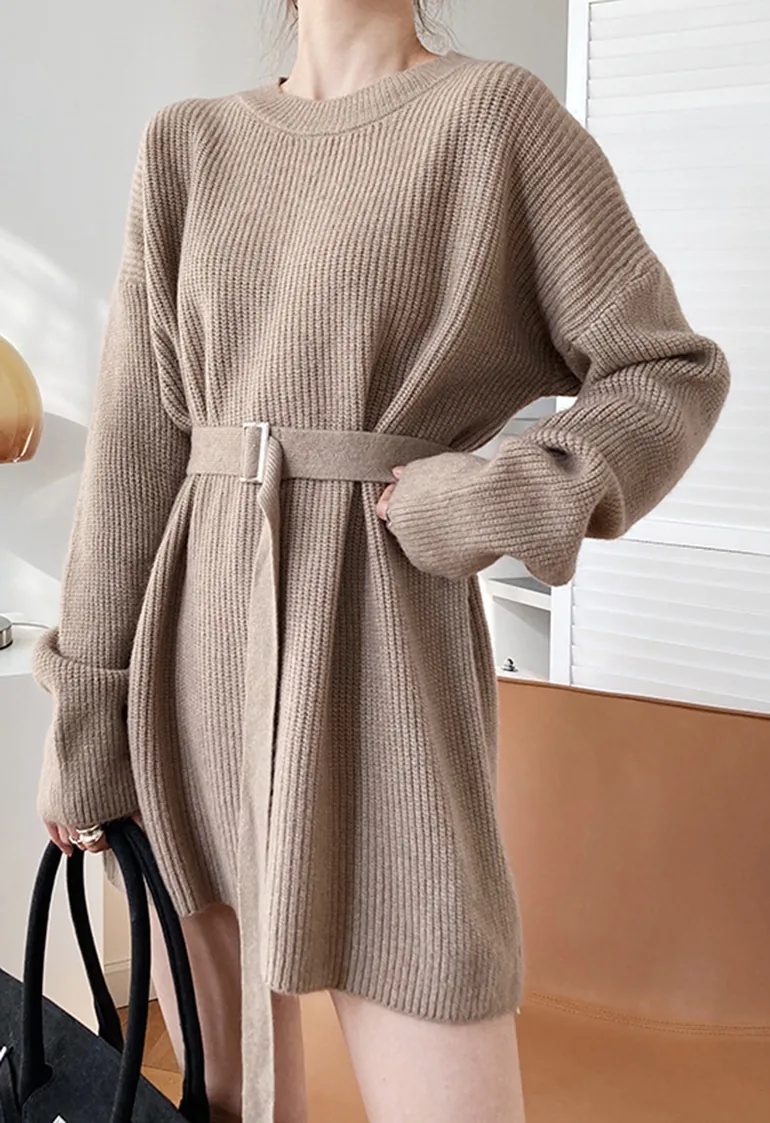 Belted Ribbed Longline Sweater in Tan - 2