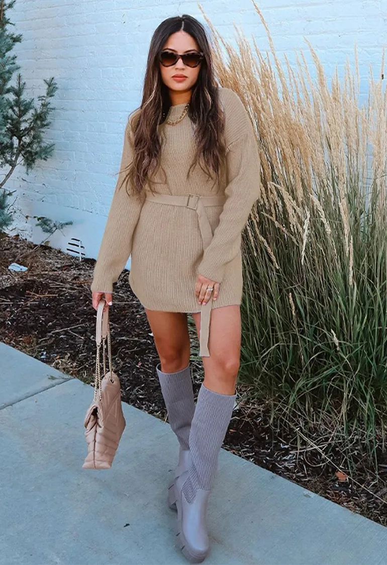 Belted Ribbed Longline Sweater in Tan - 5