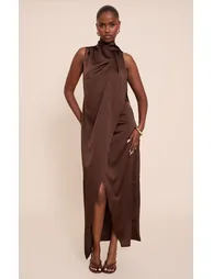 Chocolate Satin Scarf Detail Maxi Dress