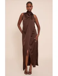 Chocolate Satin Scarf Detail Maxi Dress - 5