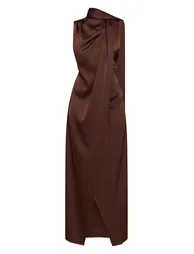 Chocolate Satin Scarf Detail Maxi Dress - 4