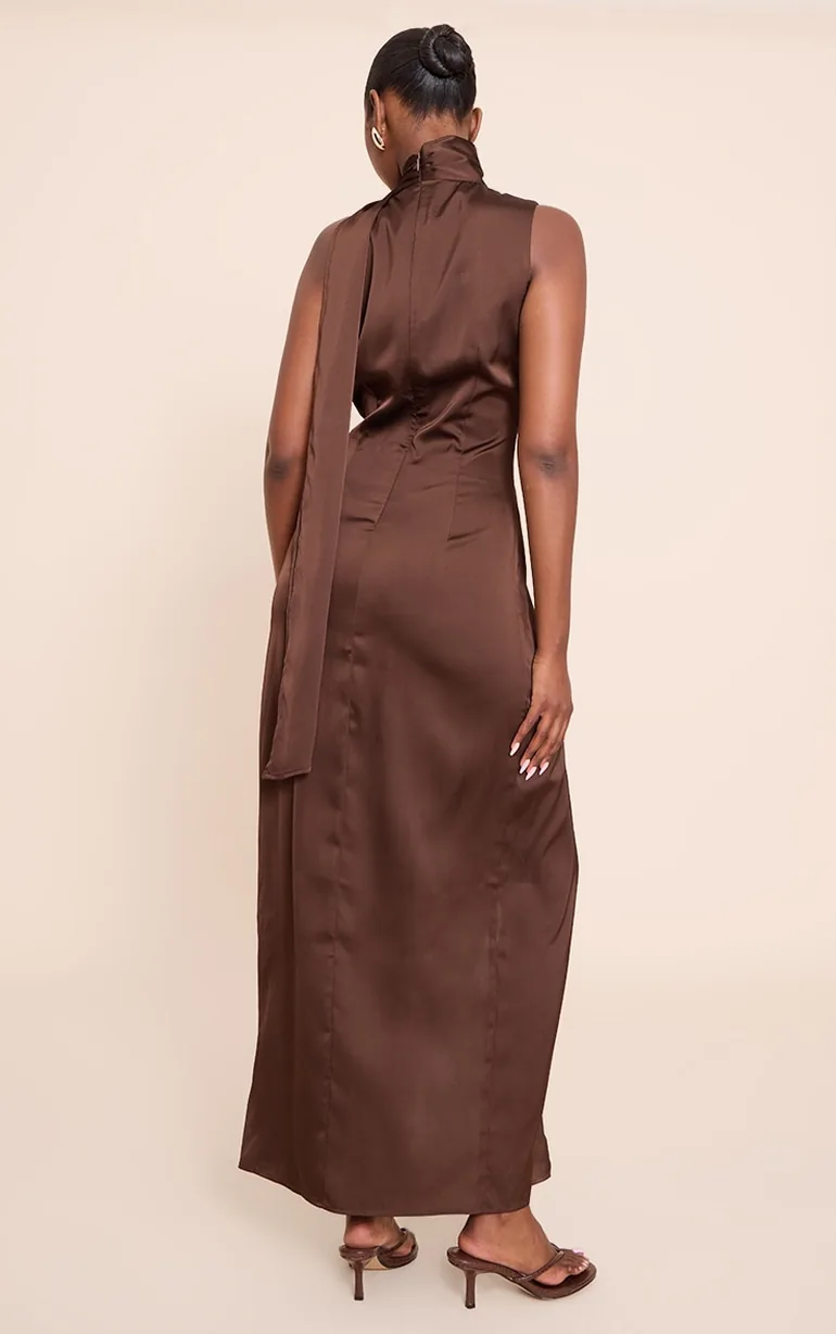 Chocolate Satin Scarf Detail Maxi Dress - 1