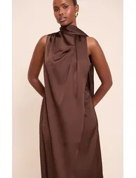 Chocolate Satin Scarf Detail Maxi Dress - 3
