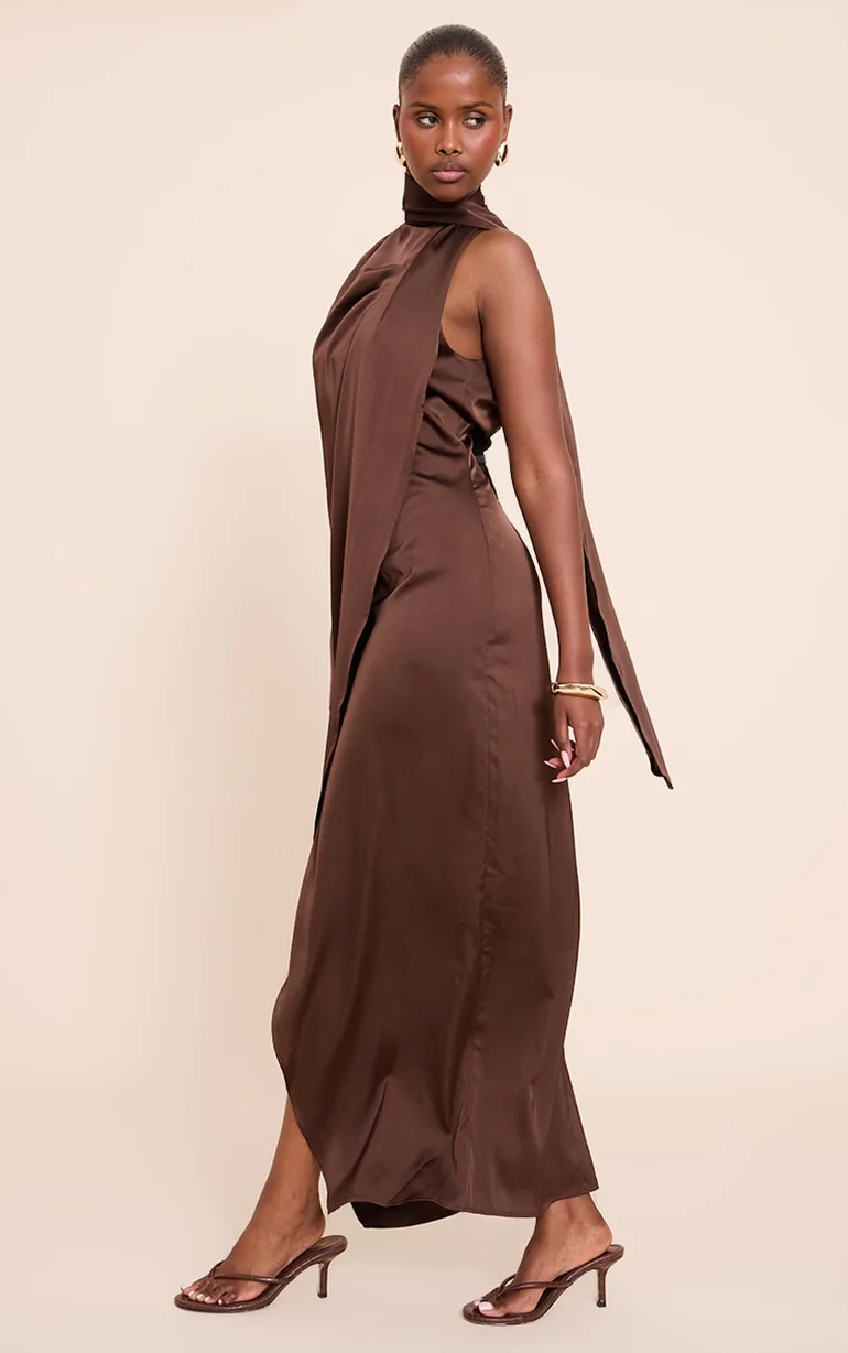 Chocolate Satin Scarf Detail Maxi Dress - 2