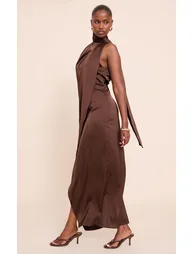 Chocolate Satin Scarf Detail Maxi Dress - 2