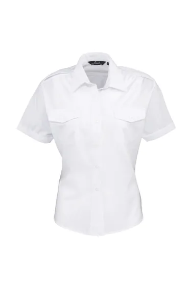 Premier Womens/Ladies Short Sleeve Pilot Blouse / Plain Work Shirt - White