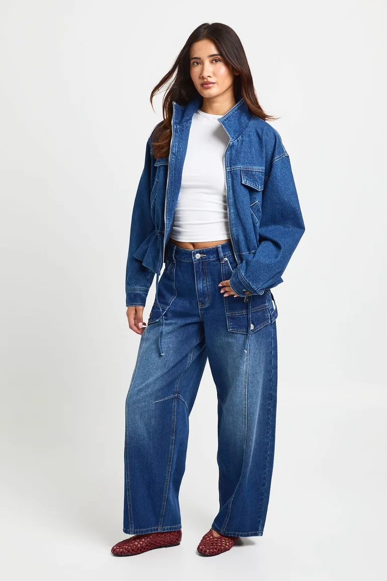 Funnel Neck Denim Jacket With Cinch Waist Detail - washed indigo - 2