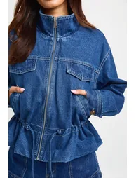 Funnel Neck Denim Jacket With Cinch Waist Detail - washed indigo - 3