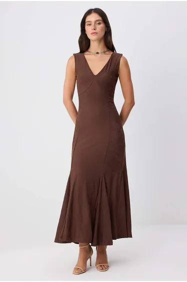 Brown Straight A-Line V-Neck Thick Strap Sleeveless Maxi Jacquard Lined Knitted Dress