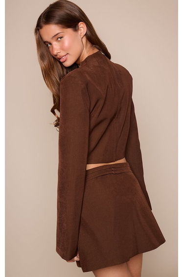 Chocolate Woven V Neck Cuff Detail Top product thumbnail 2
