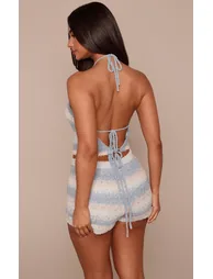بلوزة محبوكة مخططة بربطة خلفية بياقة هالتر لون أزرق - للمقاسات الصغيرة - 2