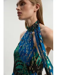 Petite Viscose Metallic Palm Print Halter Neck Maxi Dress - 1