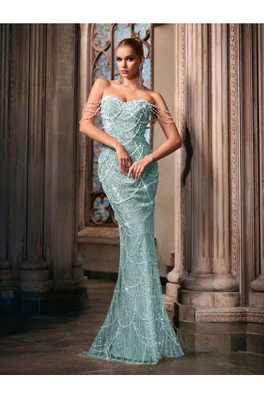 QOQ Fairy Temperament Pearl Gownne Shoulder Floor Length Dress