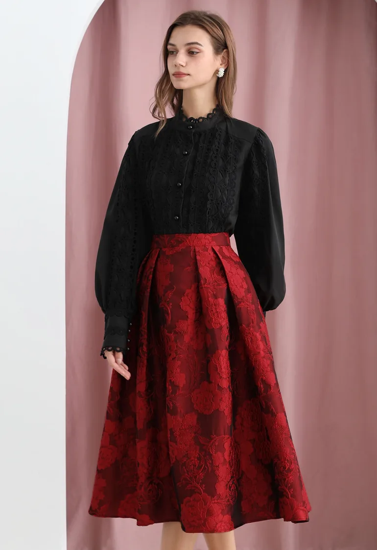 Blissful Red Floral Jacquard Pleated Midi Skirt - 1