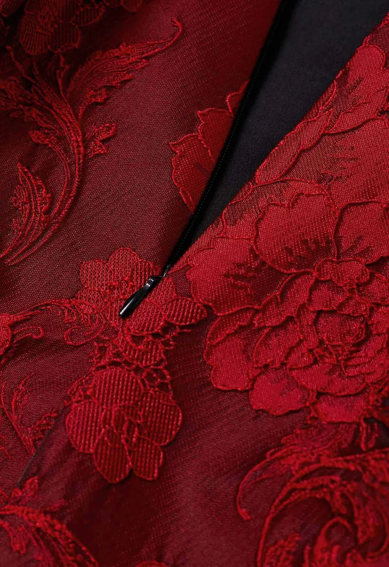 Blissful Red Floral Jacquard Pleated Midi Skirt - 4