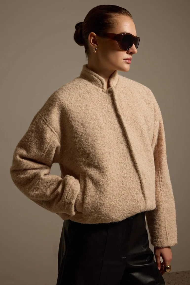 Light Beige Regular Boucle Thin Jacket - 1