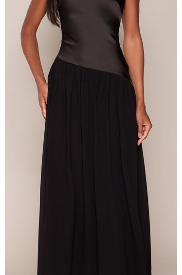 Black Satin Racer Asymmetric Chiffon Maxi Dress product thumbnail 4