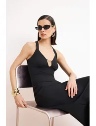 Black Plain Woven Finike Maxi Evening Dress & Homecoming Dress - 1
