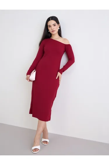 Burgundy Asymmetric Neck Midi Dress