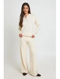 Collared Button Up Knitted Top and Wide Leg Trouser - cream - 2