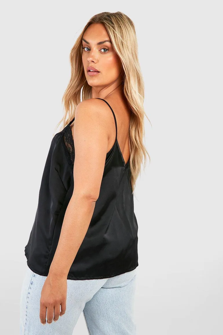 Plus Lace Trim Satin Cami - black - 1