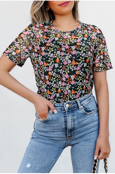 Black Sheer Floral Mesh Round Neck T Shirt product thumbnail 2