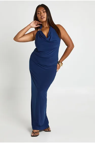 Plus Cowl Neck Gold Trim Top & Column Maxi Skirt Co Ord