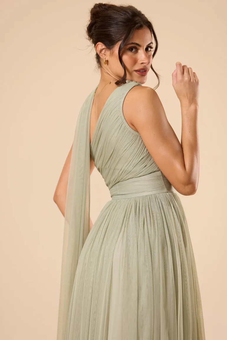 One Shoulder Tulle Maxi Dress in Dusty Sage with Scarf - 2