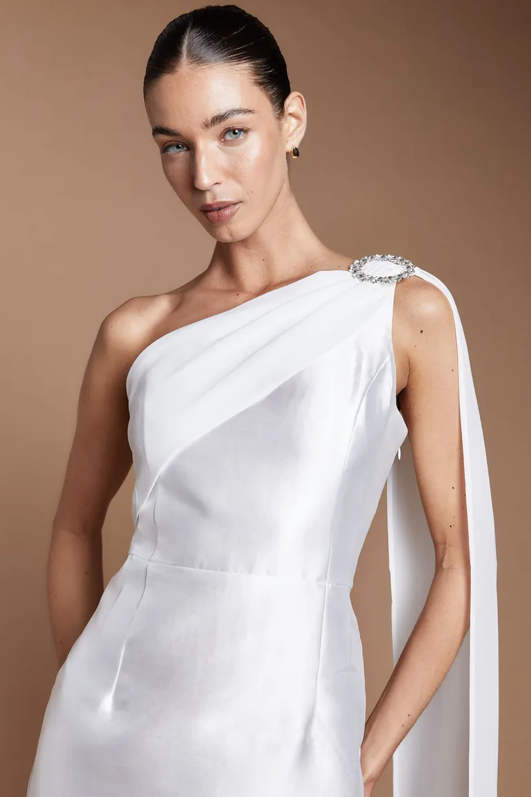 One Shoulder Twill Wedding Dress With Diamante Brooch - 3